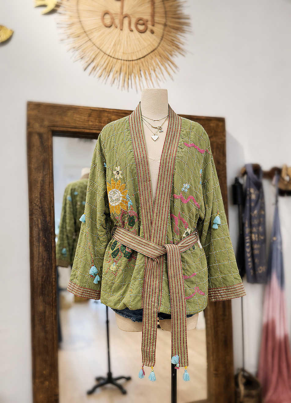 Sun Beaded Kimono Jacket - Green Moss