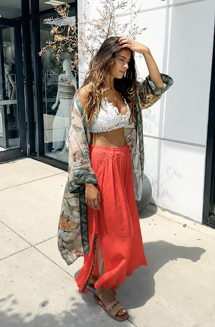 Italian Linen Wide-Leg Pants - Sunset Coral
